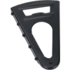Pieza triangular de plástico negro con abertura rectangular para agarre, borde interior dentado, cuatro botones laterales y tornillo en la parte inferior