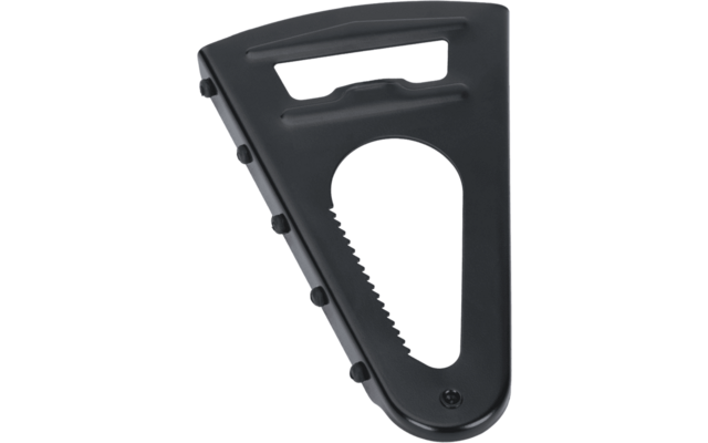 Pieza triangular de plástico negro con abertura rectangular para agarre, borde interior dentado, cuatro botones laterales y tornillo en la parte inferior
