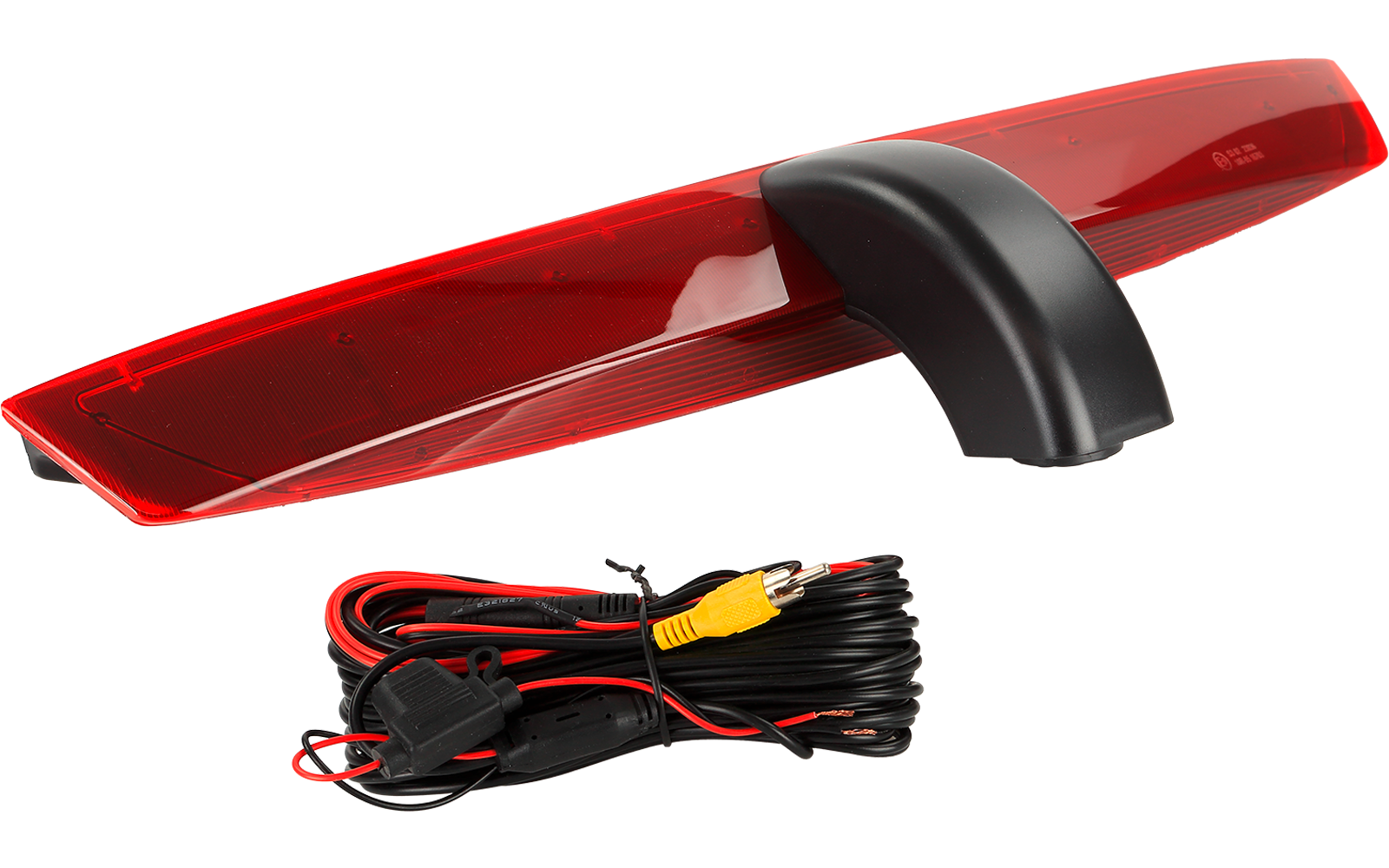 Rotes, längliches, transparentes Kunststoffteil mit schwarzer Halterung; daneben ein Kabelbündel mit gelbem Cinch-Stecker und roten sowie schwarzen Klemmen