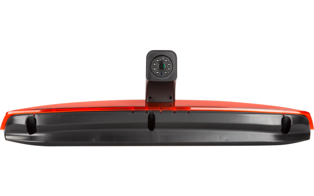 Roter und schwarzer horizontaler Leuchtbalken mit mittig aufgesetztem schwarzem rechteckigem Gehäuse, rundes Glas in der Mitte umgeben von kleinen LEDs; drei runde schwarze Aussparungen auf der Leiste