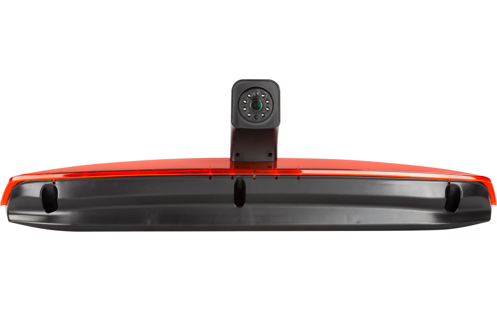 Roter und schwarzer horizontaler Leuchtbalken mit mittig aufgesetztem schwarzem rechteckigem Gehäuse, rundes Glas in der Mitte umgeben von kleinen LEDs; drei runde schwarze Aussparungen auf der Leiste