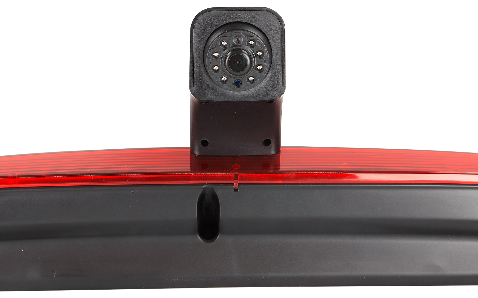 Kleine schwarze Kamera auf einer kurzen schwarzen Halterung über einer roten Leuchte an einer schwarzen Kunststoffleiste