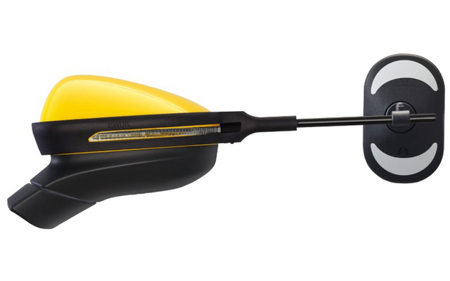 Gelbes Spiegelgehäuse mit schwarzem Stiel und rundem Spiegel mit zwei weißen Halbmondmarkierungen vor weißem Hintergrund