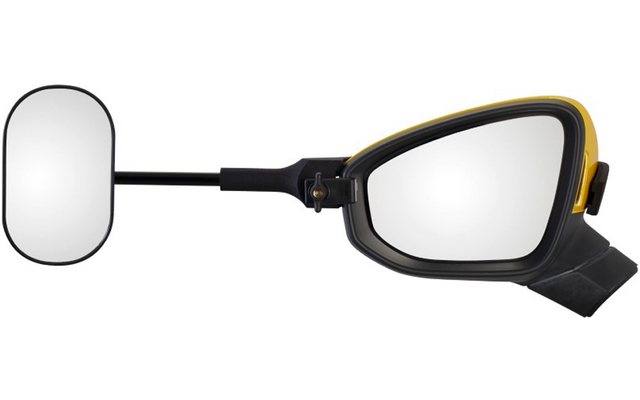 Zwei Außenspiegel auf weißem Hintergrund: ein großes dreieckiges mit gelbem Rand und schwarzem Gehäuse, daneben ein kleiner ovaler Spiegel an einer schwarzen Stange; spiegelnde Glasflächen