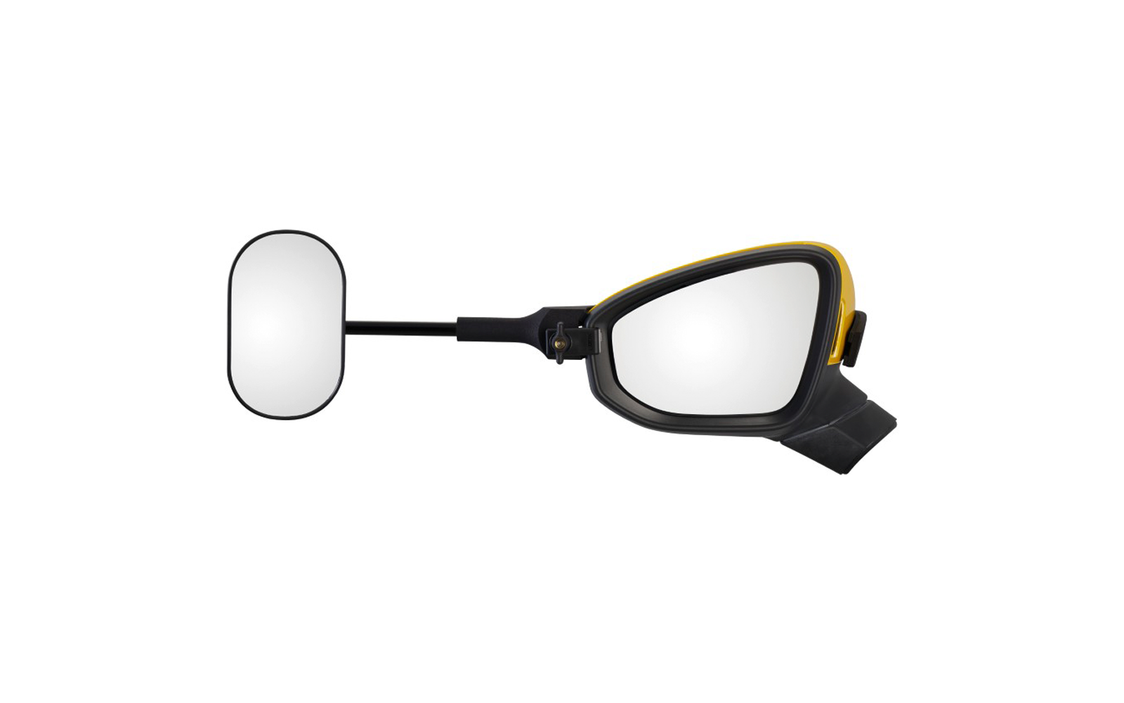 Zwei Außenspiegel auf weißem Hintergrund: ein großes dreieckiges mit gelbem Rand und schwarzem Gehäuse, daneben ein kleiner ovaler Spiegel an einer schwarzen Stange; spiegelnde Glasflächen