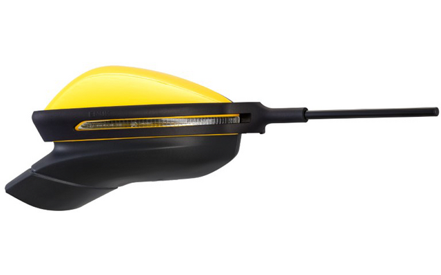 Gelb-schwarzes Paddelblatt mit kurzem schwarzen Schaft rechts, längliche Form
