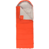 Oranje slaapzak met lichtgrijze voering, geopend en plat uitgespreid