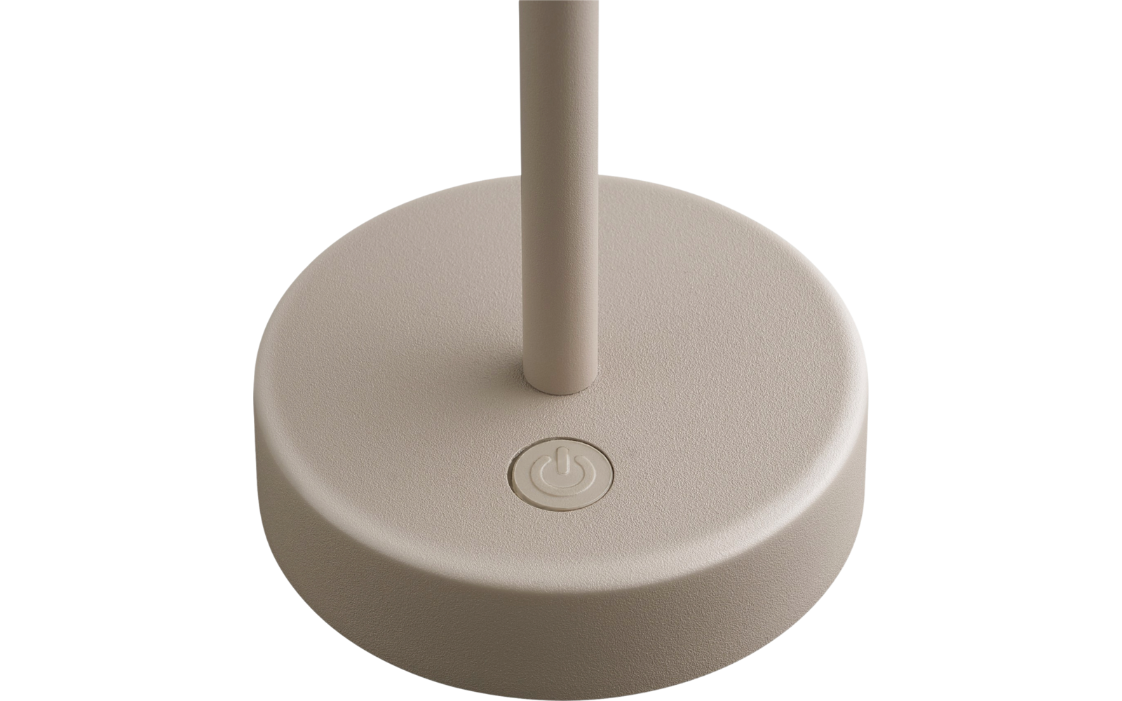 Runde beige Basis mit mittigem vertikalem Stab und Ein-/Aus-Symbol auf der Oberfläche