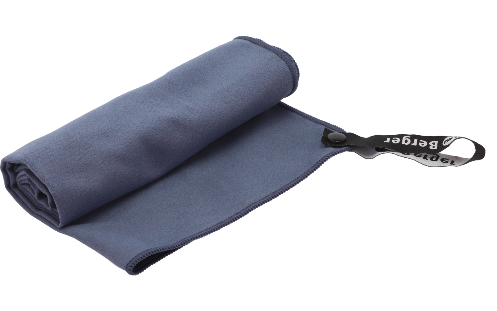 Gefaltetes blaugraues Tuch mit angenähtem schwarzem Trageband und Metallkarabiner