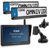 Deux supports de plaque d'immatriculation avec 'OMNIVID' et mentions 'VORNE' et 'HINTEN', un écran 5 pouces affichant '5 Zoll Displaymaße 10,8 x 6,4', deux pièces de fixation noires et une ventouse de fixation
