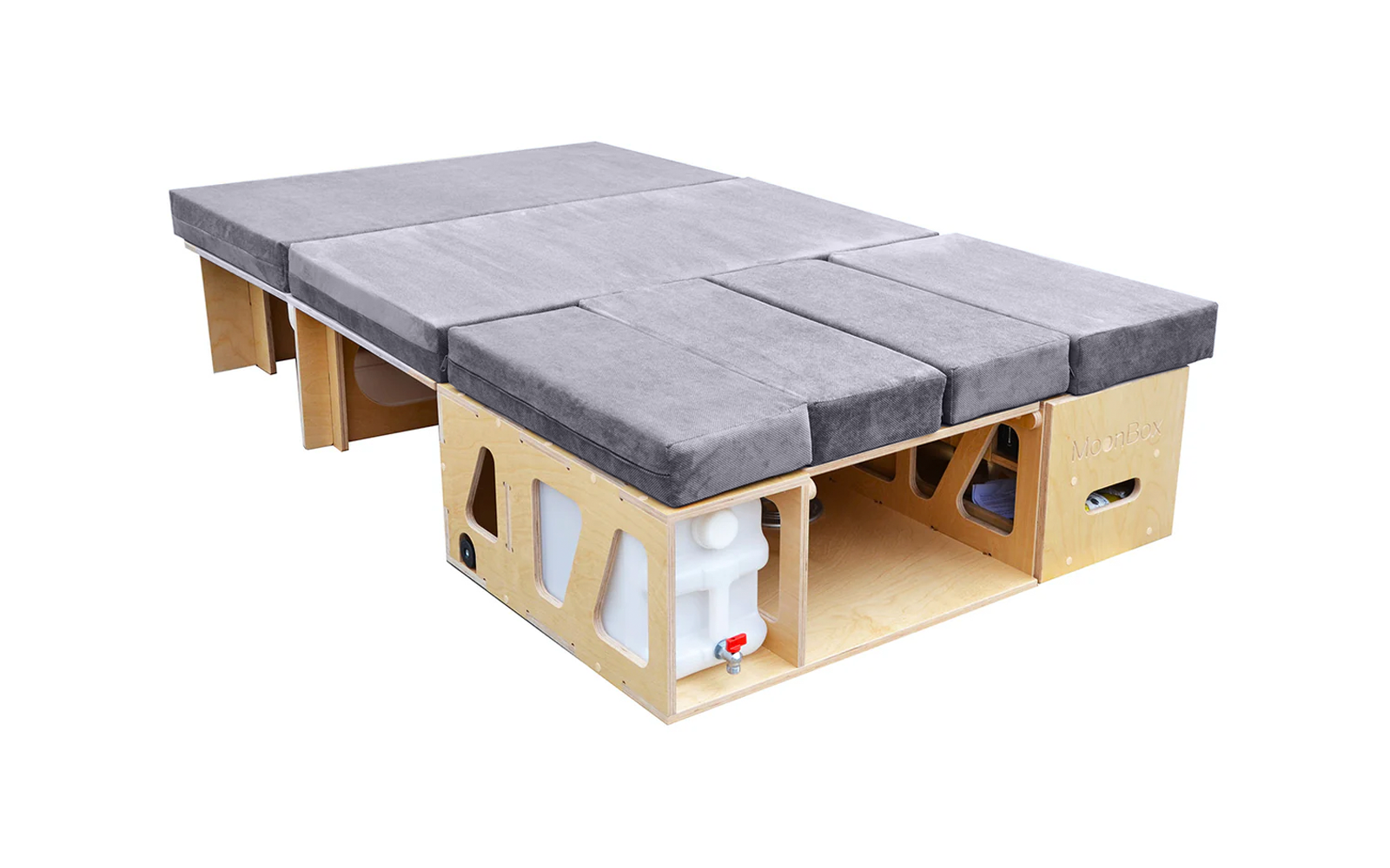 Holzpodest mit blauen Polstern auf der Oberseite