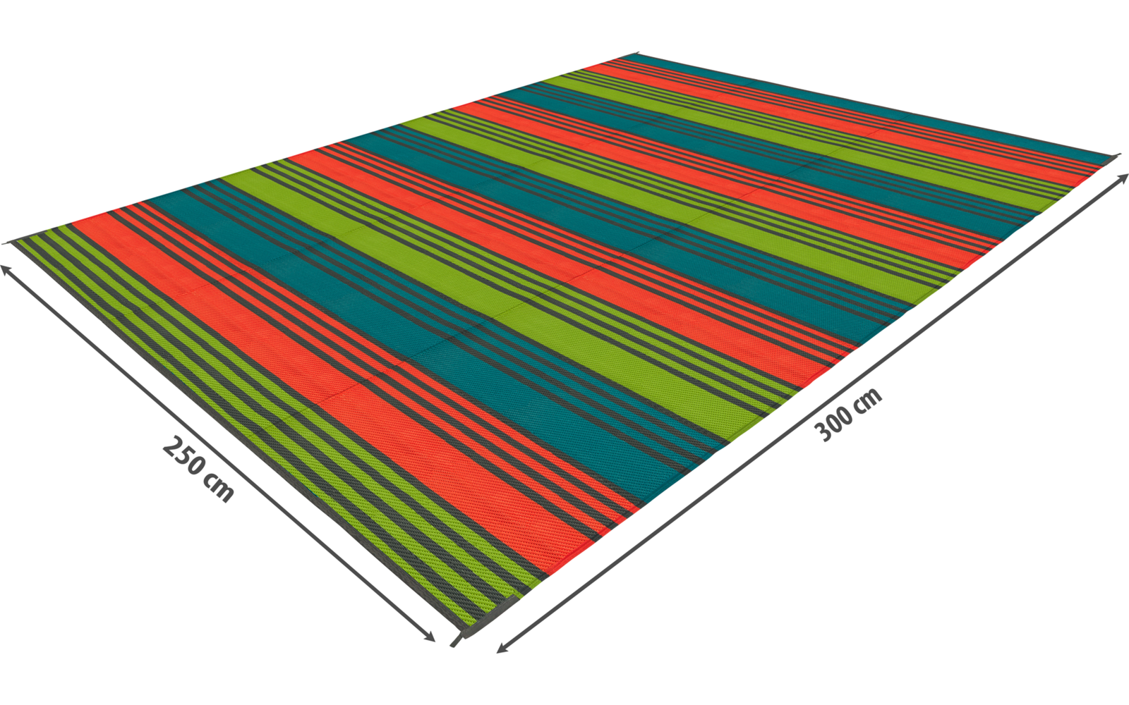 Superficie rectangular con rayas paralelas de colores rojo, verde, azul y negro, con dimensiones de 250 cm y 200 cm