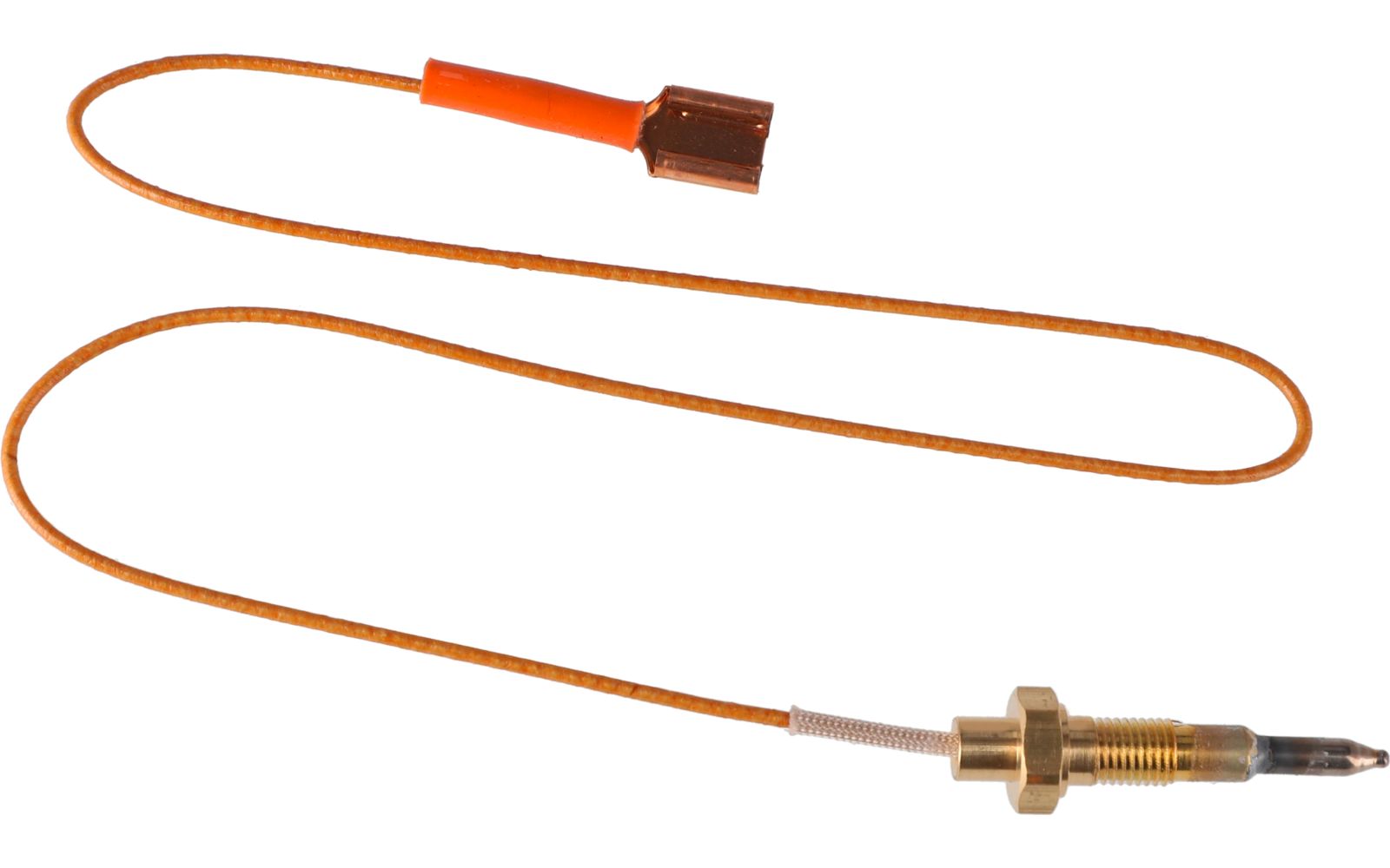 Ein langer Kupfer-Draht mit einem orangefarbenen Stecker und einem goldfarbenen Metallteil am anderen Ende
