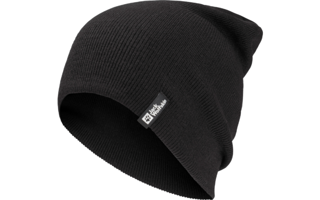 Schwarze Strickmütze mit kleinem weißen Logo