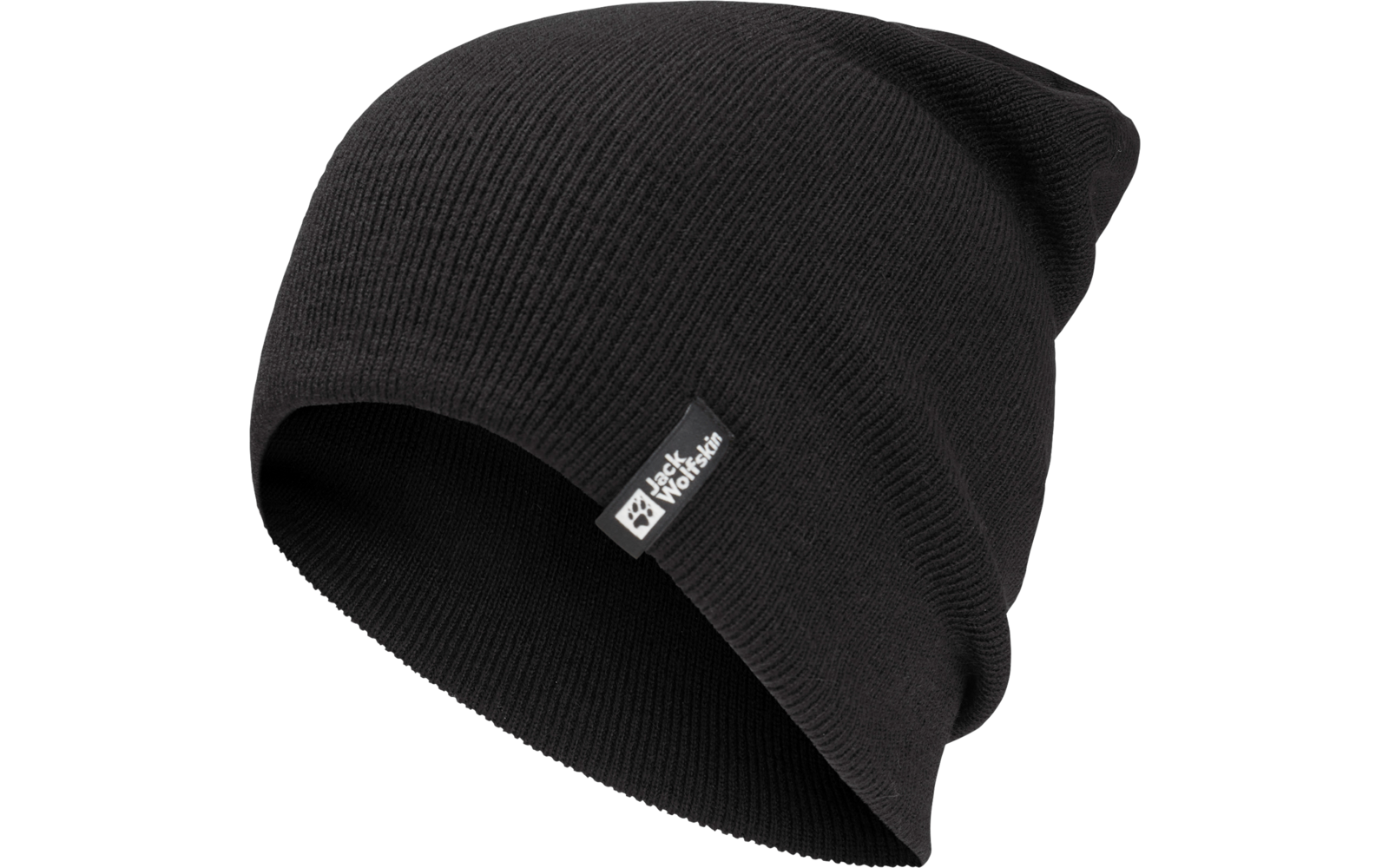 Schwarze Strickmütze mit kleinem weißen Logo