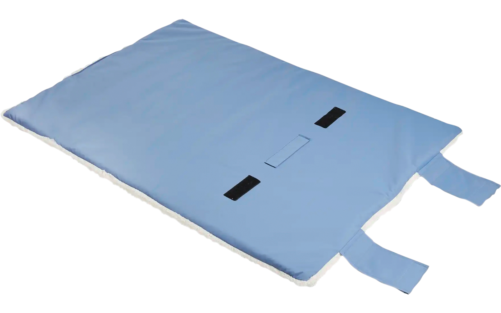 Blaues Kissen mit zwei Bändern und zwei schwarzen Klettverschlüssen