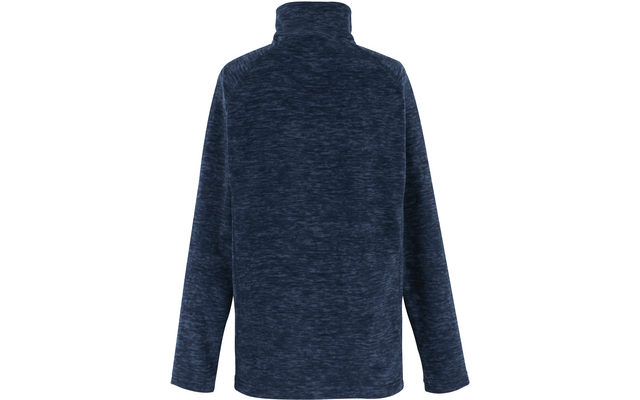 Dunkelblau meliertes Langarmoberteil mit hohem Stehkragen, Rückansicht vor weißem Hintergrund