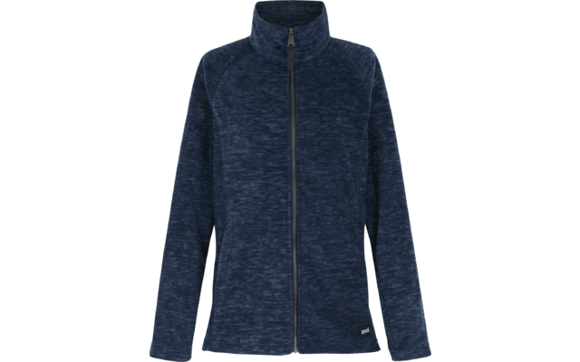 Dunkelblaue melierte Jacke mit Reißverschluss, Stehkragen, langen Ärmeln und kleinem Logoschild am Saum vor weißem Hintergrund