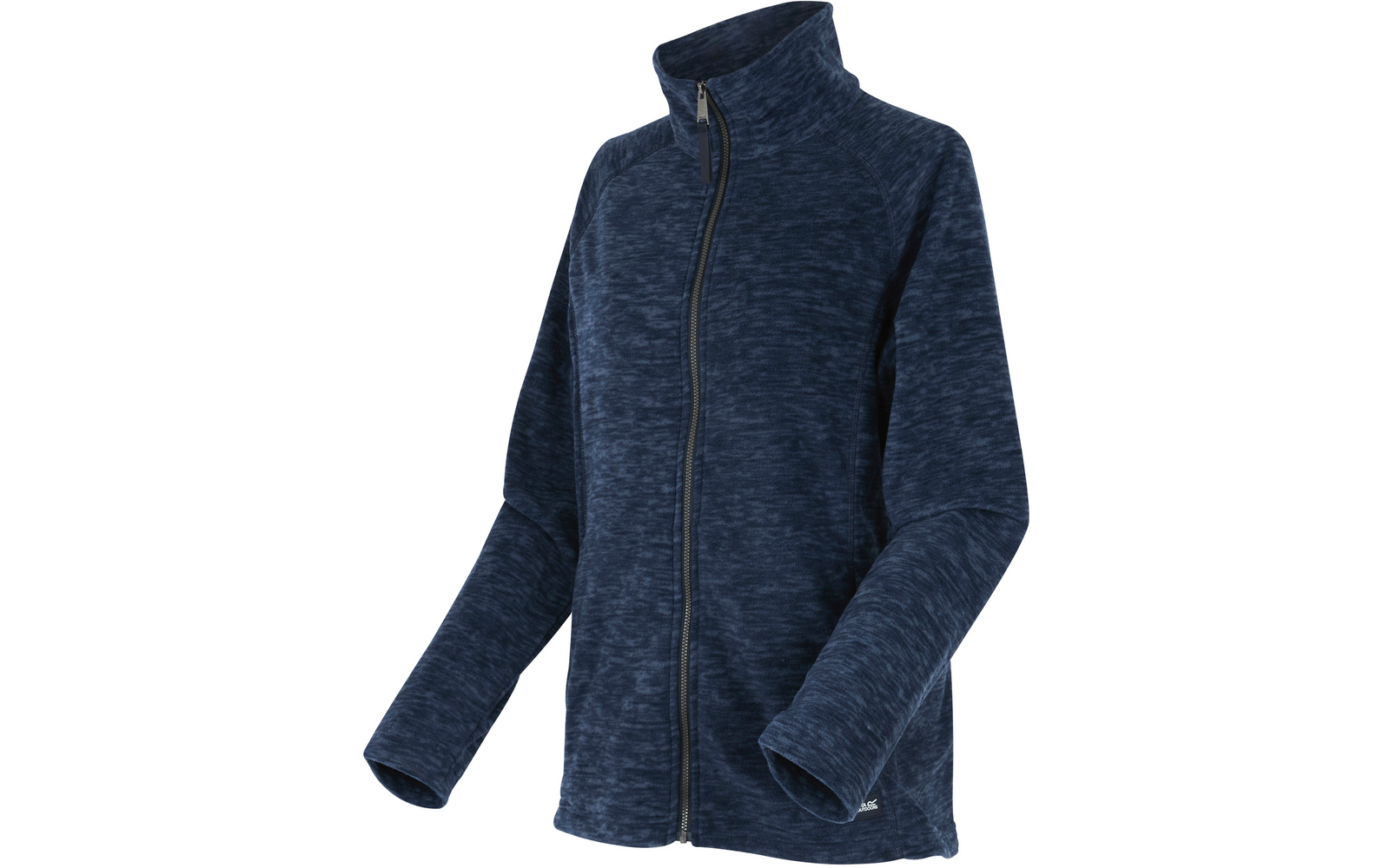 Dunkelblaue, melierte Fleecejacke mit hochstehendem Kragen, durchgehendem Reißverschluss und langen Ärmeln auf weißem Hintergrund