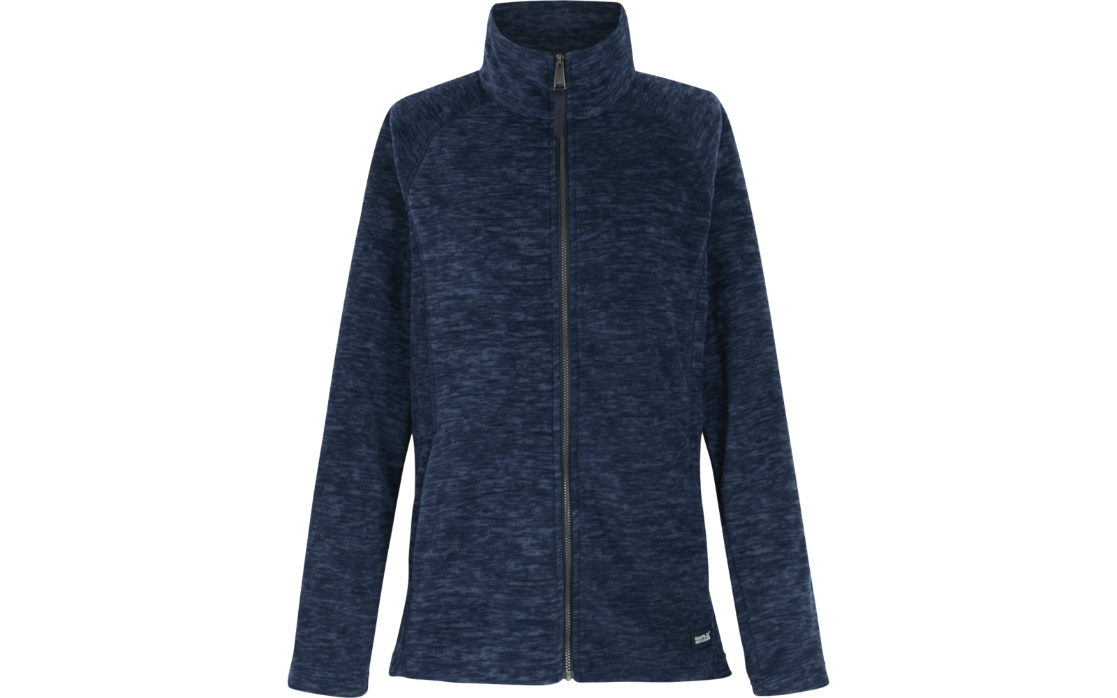 Dunkelblaue melierte Jacke mit Reißverschluss, Stehkragen, langen Ärmeln und kleinem Logoschild am Saum vor weißem Hintergrund