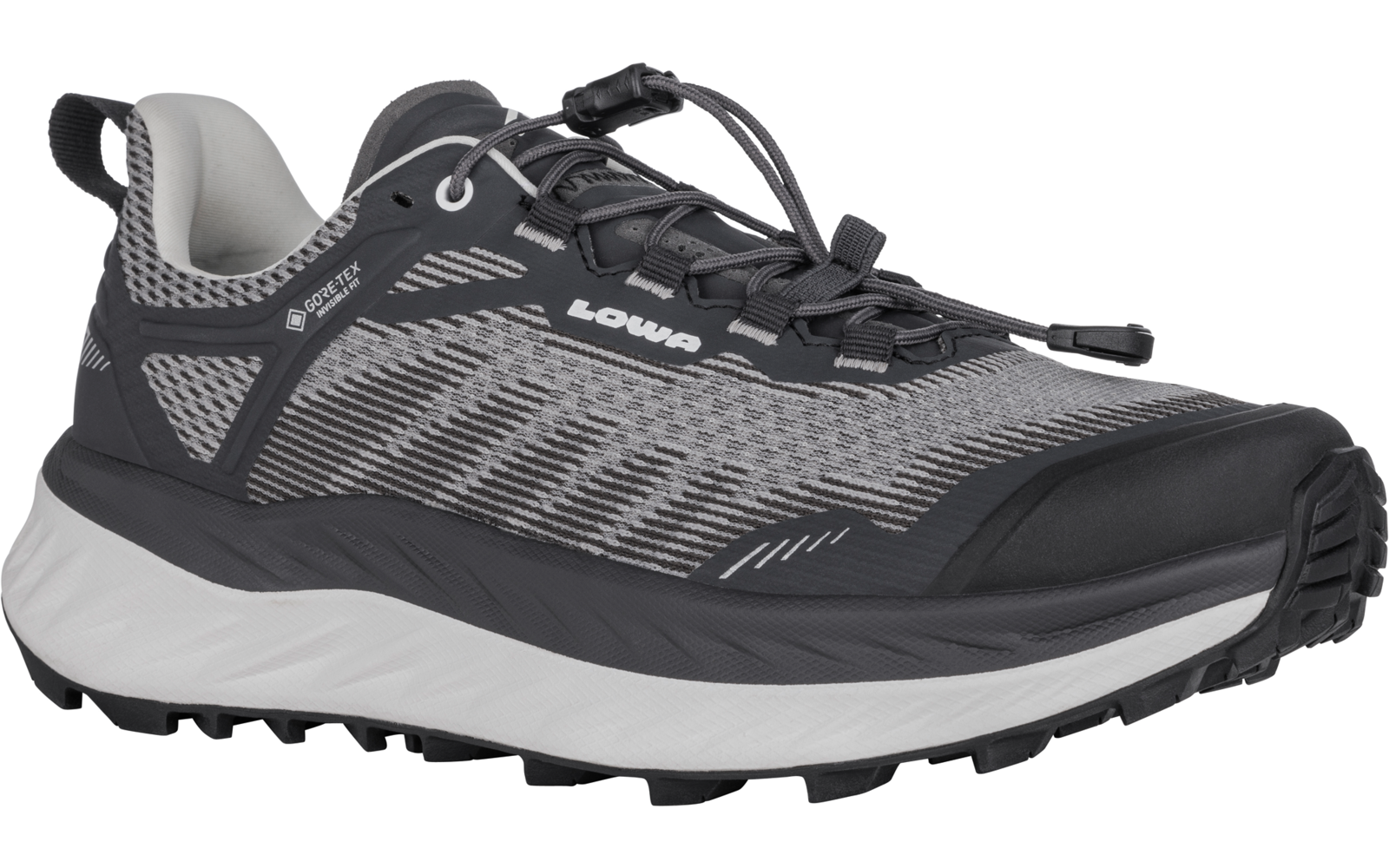 Ein grauer und schwarzer Sportschuh mit Schnürsenkeln