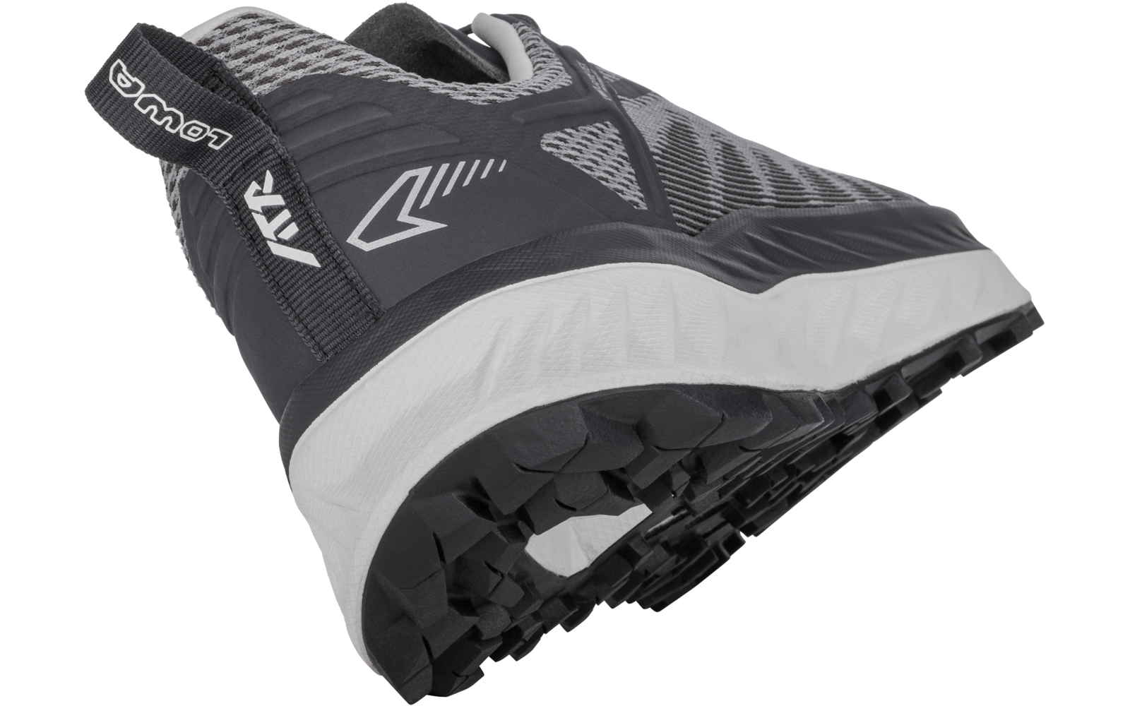 Schwarzer Sportschuh mit weißer Sohle, seitliche Ansicht