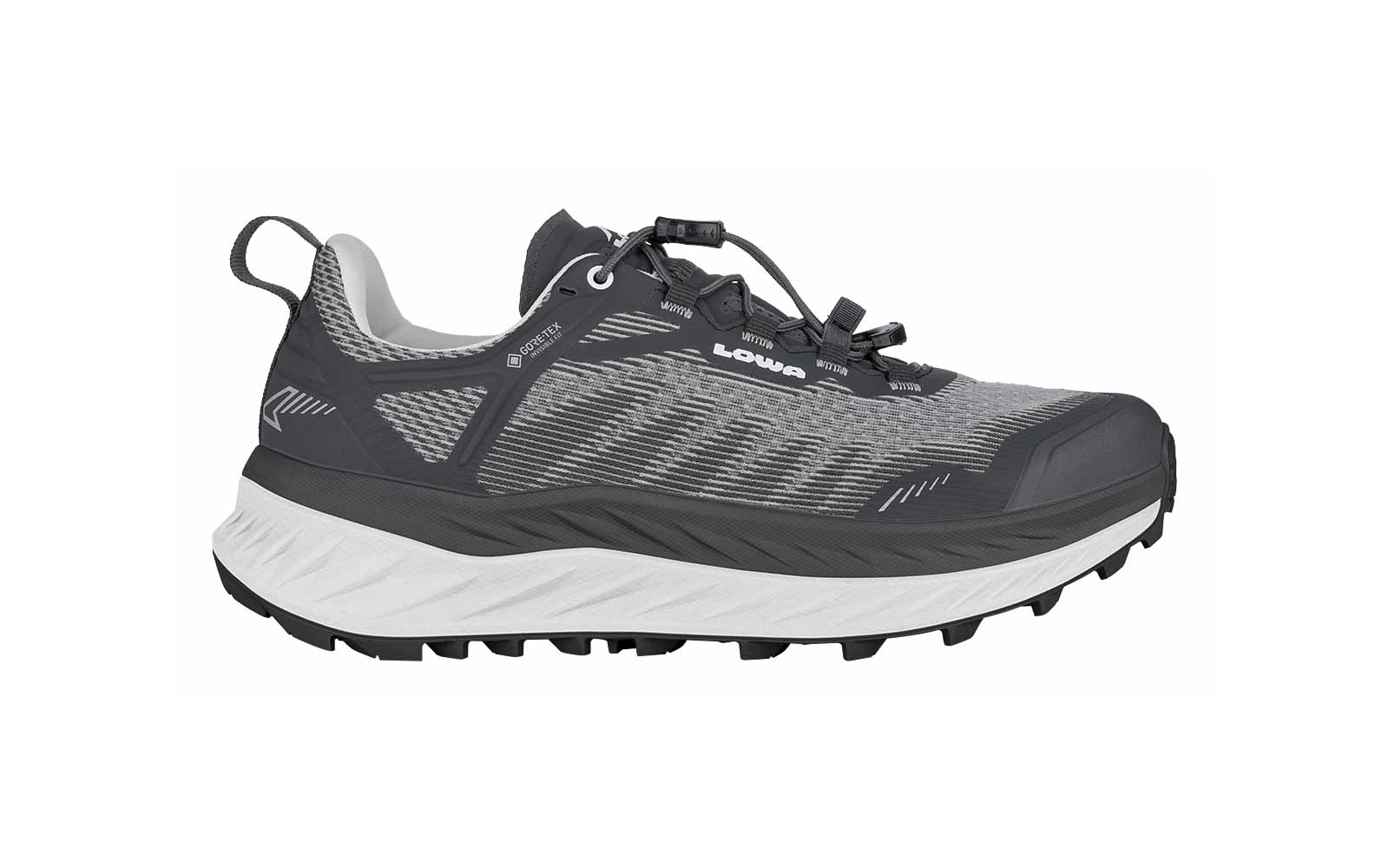Schwarzer und grauer Sportschuh mit weißer Sohle und Schnürverschluss