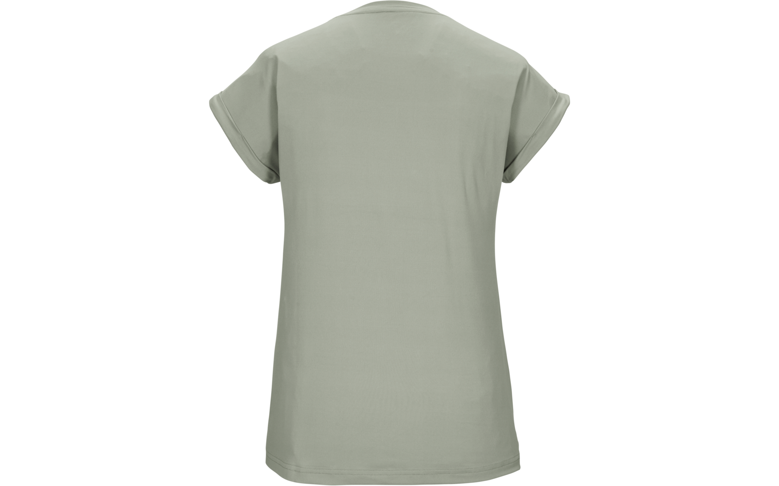 Rückenansicht eines einfarbigen salbeigrünen T-Shirts mit kurzen, umgeschlagenen Ärmeln
