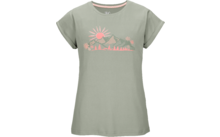Light green short-sleeve T-shirt with rolled sleeves and a pink print of a sun, mountains, trees and flowers on the chest