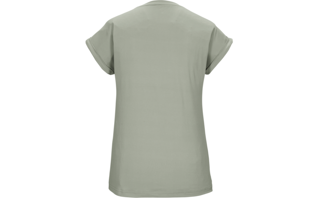 Rückenansicht eines einfarbigen salbeigrünen T-Shirts mit kurzen, umgeschlagenen Ärmeln