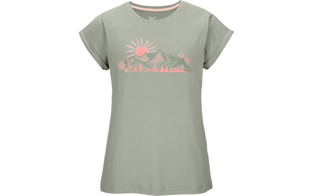 Hellgrünes kurzärmeliges T-Shirt mit umgeschlagenen Ärmeln und rosafarbenem Druck von Sonne, Bergen, Bäumen und Blumen auf der Brust
