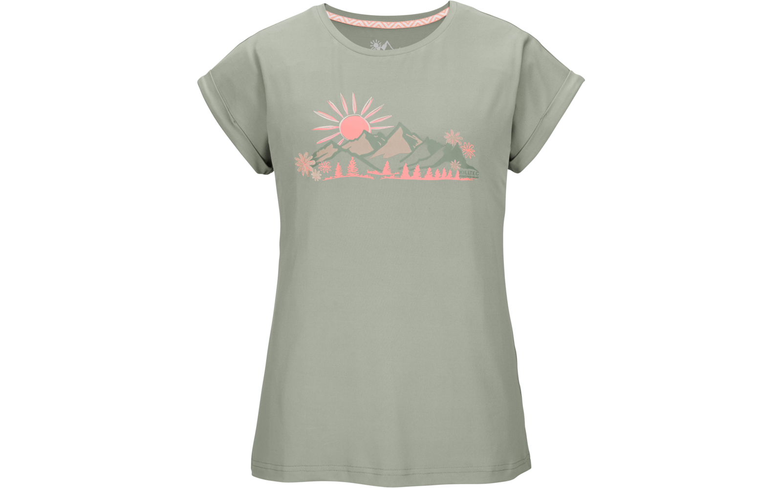 Hellgrünes kurzärmeliges T-Shirt mit umgeschlagenen Ärmeln und rosafarbenem Druck von Sonne, Bergen, Bäumen und Blumen auf der Brust