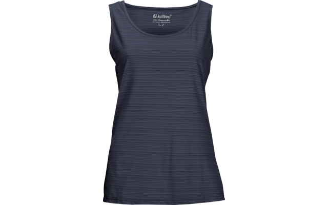 Dunkelblaues ärmelloses Top mit feinen horizontalen Streifen, rundem Ausschnitt und Markenlabel innen am Kragen