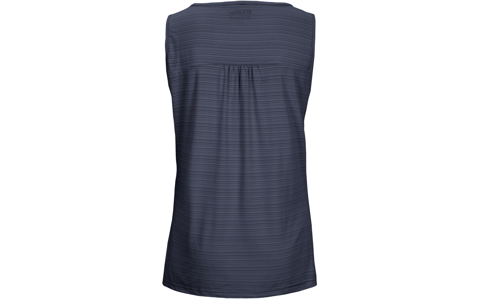 Dunkelblaues ärmelloses Top, Rückenansicht, feine horizontale Streifen, kleine zentrale Rückenfalte unterhalb des Halsausschnitts