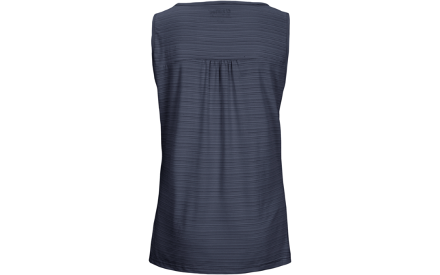 Dunkelblaues ärmelloses Top, Rückenansicht, feine horizontale Streifen, kleine zentrale Rückenfalte unterhalb des Halsausschnitts