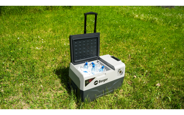 Kleine Drohne in einem offenen Tragekoffer auf grünem Gras