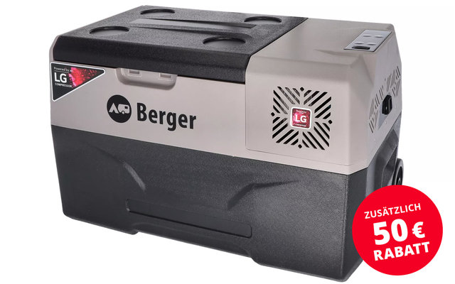 Borsa grigia e bianca con stampa di una bottiglia di bevanda e il logo Berger