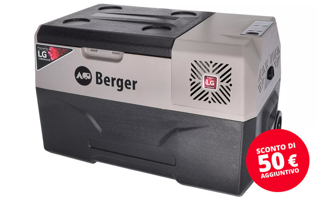 Borsa grigia e bianca con stampa di una bottiglia di bevanda e il logo Berger