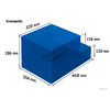 Scatola rettangolare 3D blu con un incavo rettangolare su un lato; indicazioni delle dimensioni in millimetri (320, 286, 254, 468, 156, 130) e testo "29 ltr Volumen" all'interno