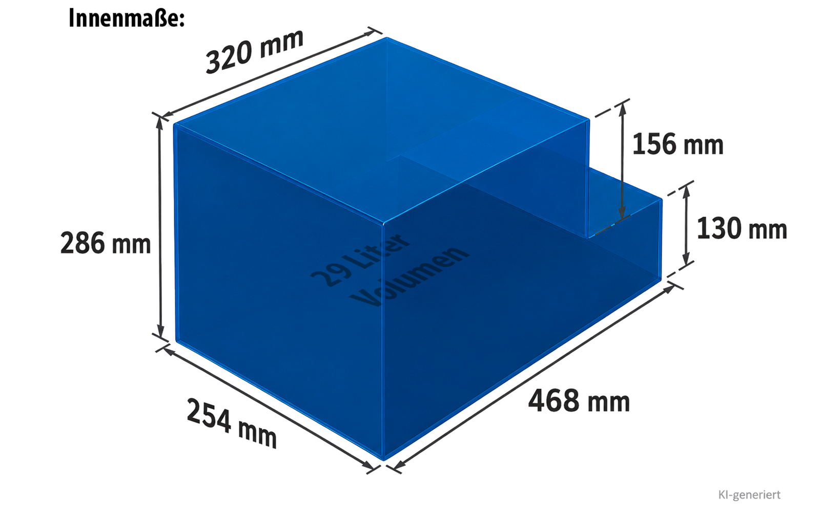 Scatola rettangolare 3D blu con un incavo rettangolare su un lato; indicazioni delle dimensioni in millimetri (320, 286, 254, 468, 156, 130) e testo "29 ltr Volumen" all'interno