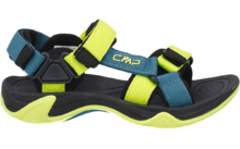 Sandale mit offenen Zehen, drei Klettverschlüsse, blaue und gelb-grüne Riemen, schwarze Sohle mit gelb-grünem Rand