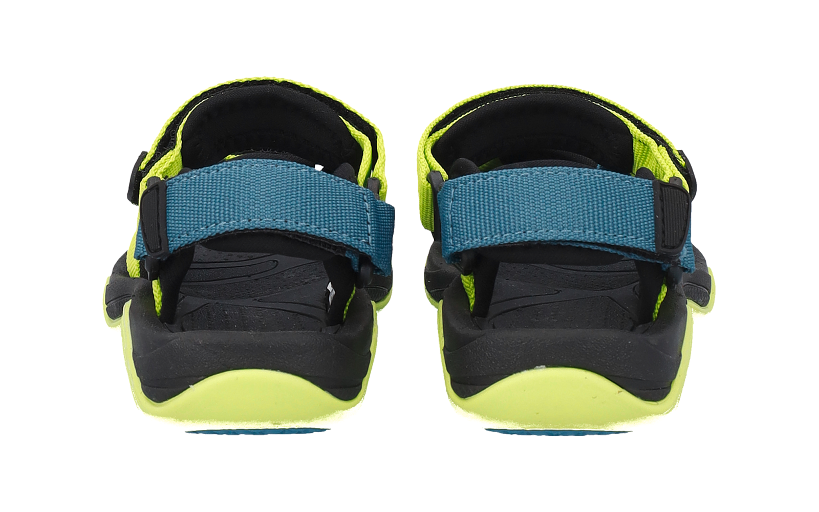 Ein Paar Sandalen, Rückansicht, blaue Riemen mit Klettverschluss, neon-gelbe Details, schwarze Innensohlen