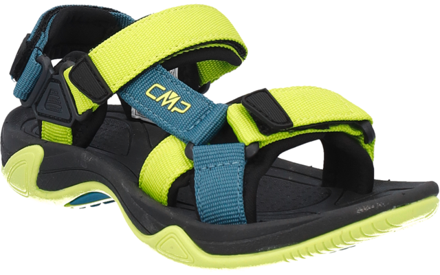 Offene Sandale mit verstellbaren Klettverschlüssen, neon-gelben und türkisfarbenen Textilriemen, schwarze Sohle mit neon-gelben Akzenten, 'CMP'-Logo auf einem Riemen