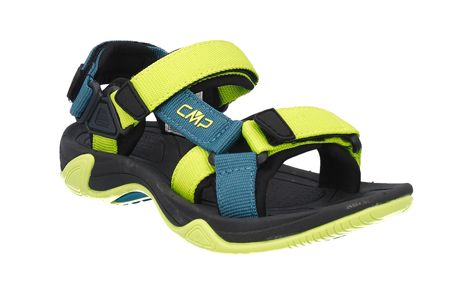 Offene Sandale mit verstellbaren Klettverschlüssen, neon-gelben und türkisfarbenen Textilriemen, schwarze Sohle mit neon-gelben Akzenten, 'CMP'-Logo auf einem Riemen