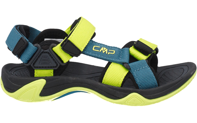 Sandale mit offenen Zehen, drei Klettverschlüsse, blaue und gelb-grüne Riemen, schwarze Sohle mit gelb-grünem Rand