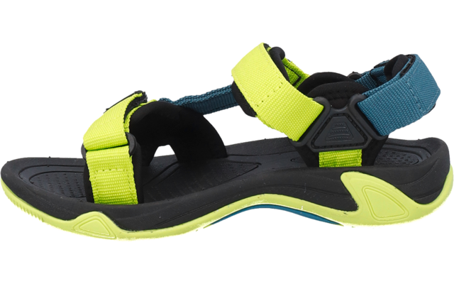 Schwarze offene Sandale mit neon-gelben Riemen, blauem Fersenriemen und profilierter schwarzer Sohle