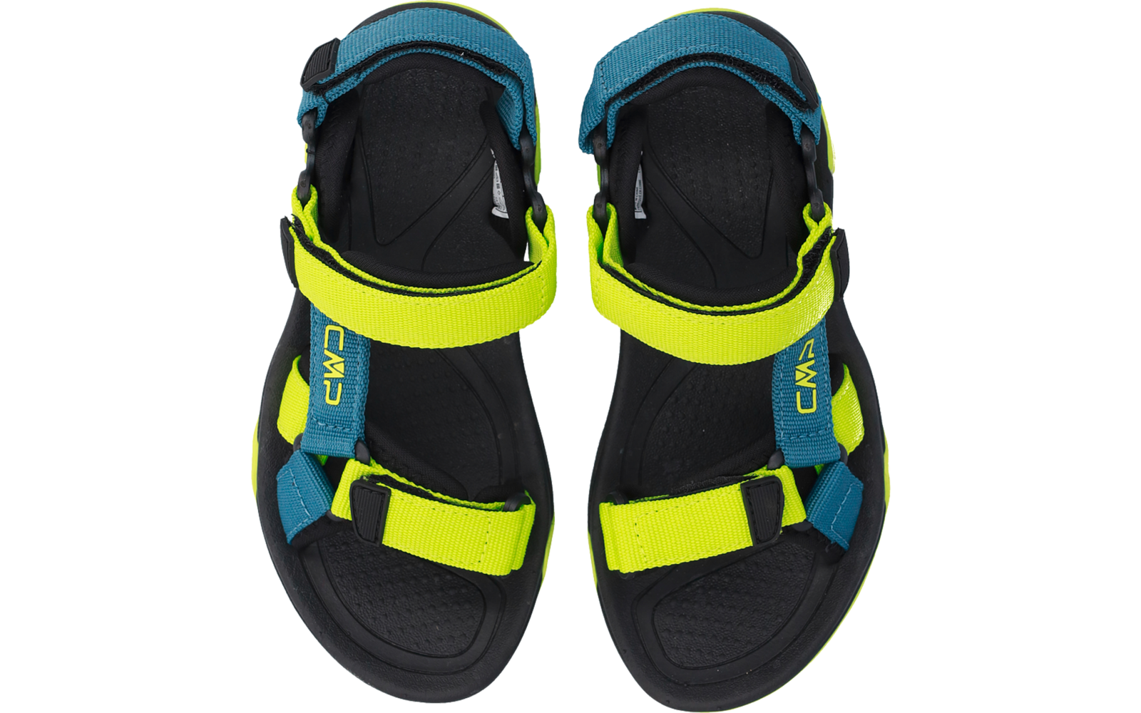 Paar Sandalen in Draufsicht, schwarze Sohlen, neon-gelbe und blaue Klettbänder, 'CMP'-Logo auf den Riemen
