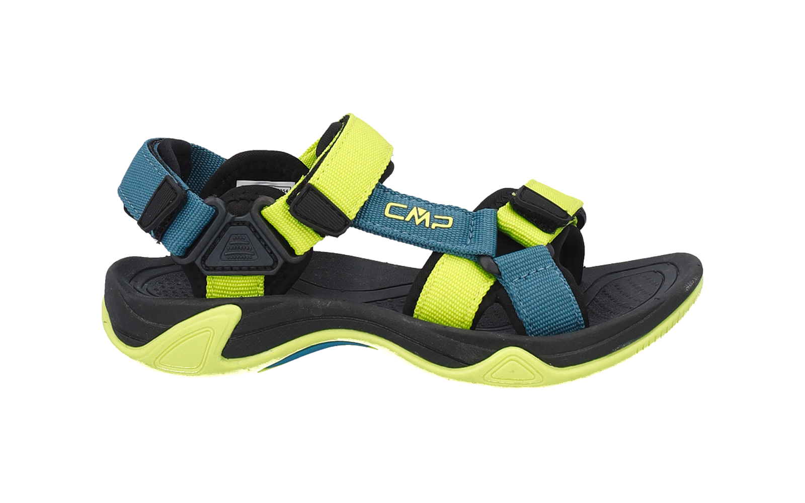 Sandale mit offenen Zehen, drei Klettverschlüsse, blaue und gelb-grüne Riemen, schwarze Sohle mit gelb-grünem Rand