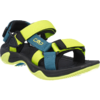 Offene Sandale mit verstellbaren Klettverschlüssen, neon-gelben und türkisfarbenen Textilriemen, schwarze Sohle mit neon-gelben Akzenten, 'CMP'-Logo auf einem Riemen