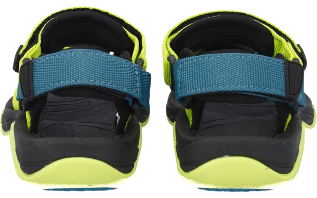 Ein Paar Sandalen, Rückansicht, blaue Riemen mit Klettverschluss, neon-gelbe Details, schwarze Innensohlen